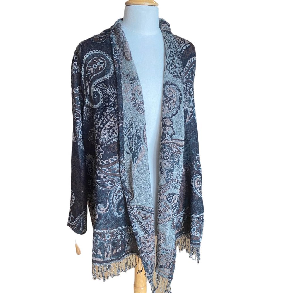 Soft Surroundings Wool Paisley Tapestry Cardigan Gray Boho Fringe -M - Picture 10 of 14